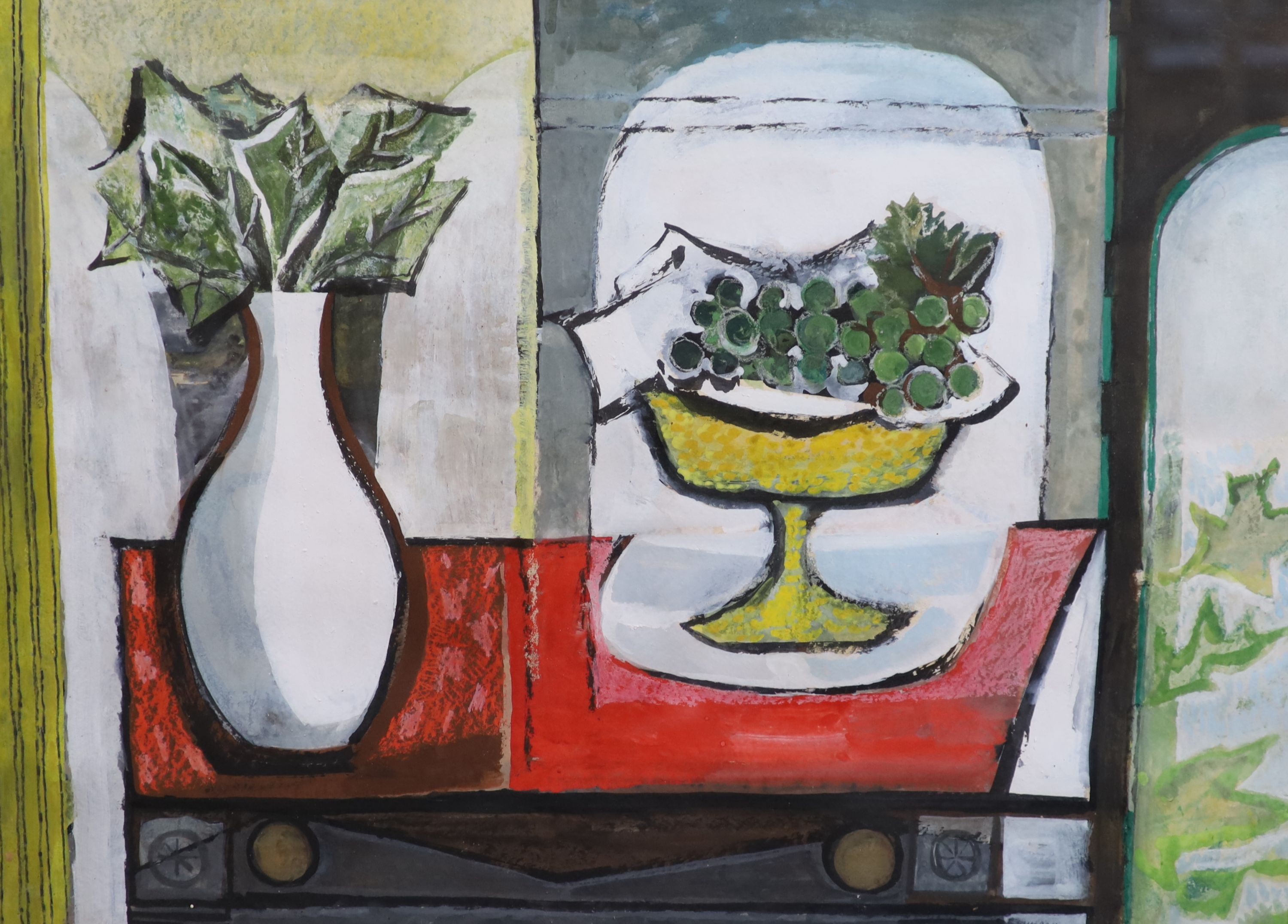Modern British , Still life of a vase and bowl of grapes upon a table top, gouache and watercolour on board, 55 x 75.5cm